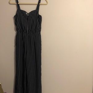 navy and white striped jumpsuit